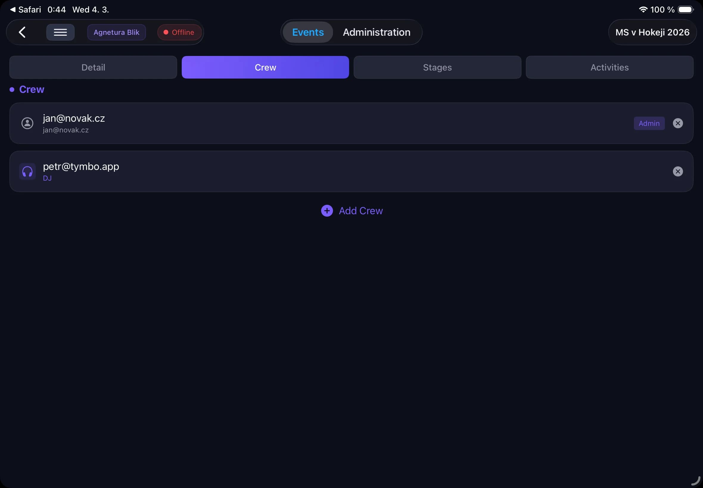 Screenshot: Program — scény a aktivity
